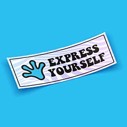 Curved 'Express Yourself' bumper sticker with a blue handprint and bold text, set against a vibrant blue background.