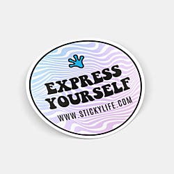 Round 'Express Yourself' sticker with a pastel wavy background, bold black text, and a blue handprint logo, featuring Stickylife.com.