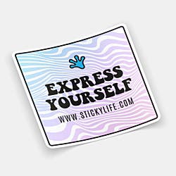 Square sticker with "Express Yourself" text, pastel wavy background, and a blue handprint logo, slightly curled on an off-white surface.