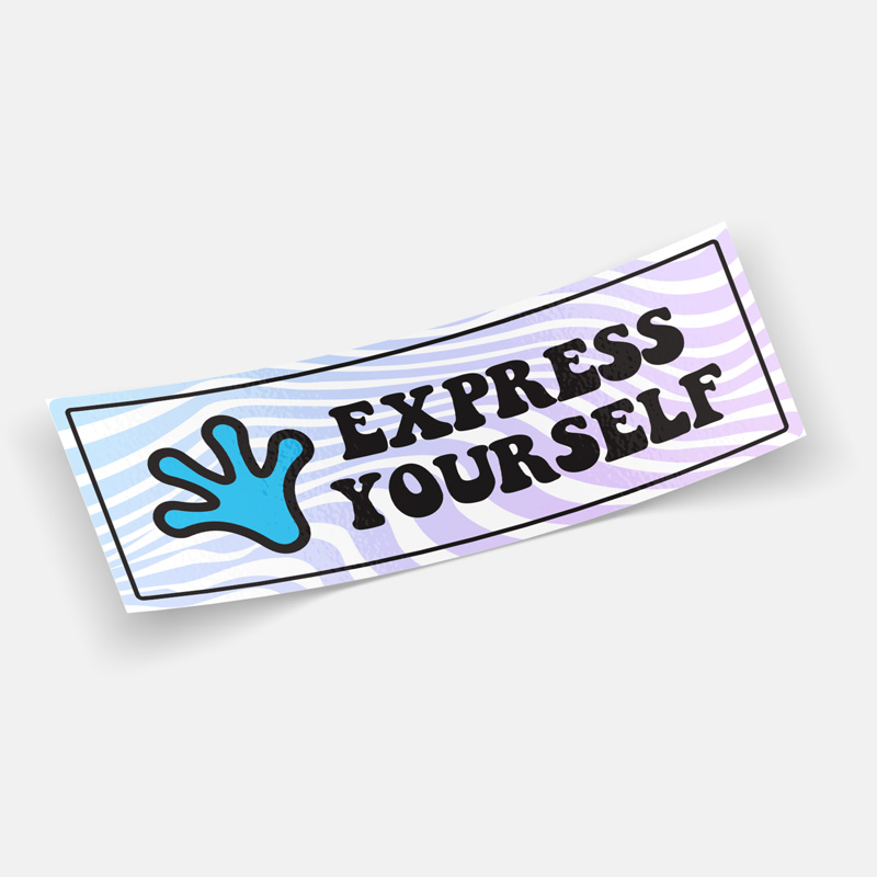 Curved 'Express Yourself' bumper sticker with a blue handprint and bold black text, set against a light background.