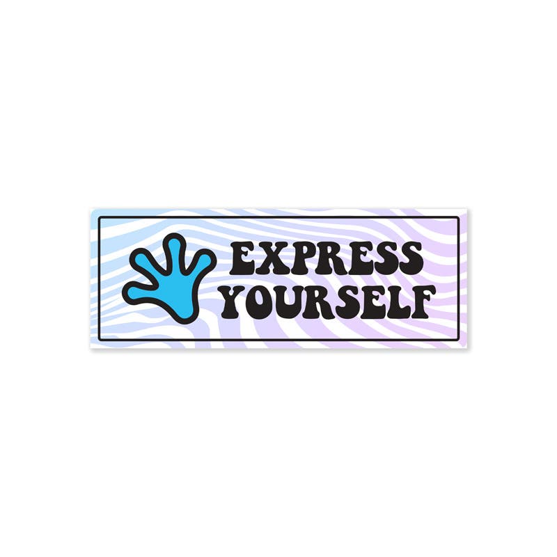 Bumper sticker with "Express Yourself" text, pastel wavy background, blue handprint logo, and black border on a white background.