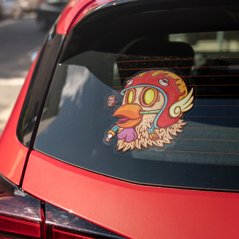 Custom clear sticker with a vibrant racing bird design applied to a car window, blending seamlessly.