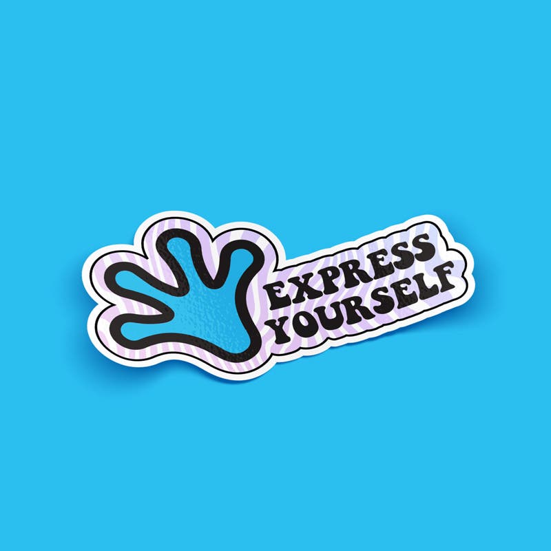 Express Yourself sticker with a blue handprint and bold black text, set against a vibrant blue background with a slight drop shadow.