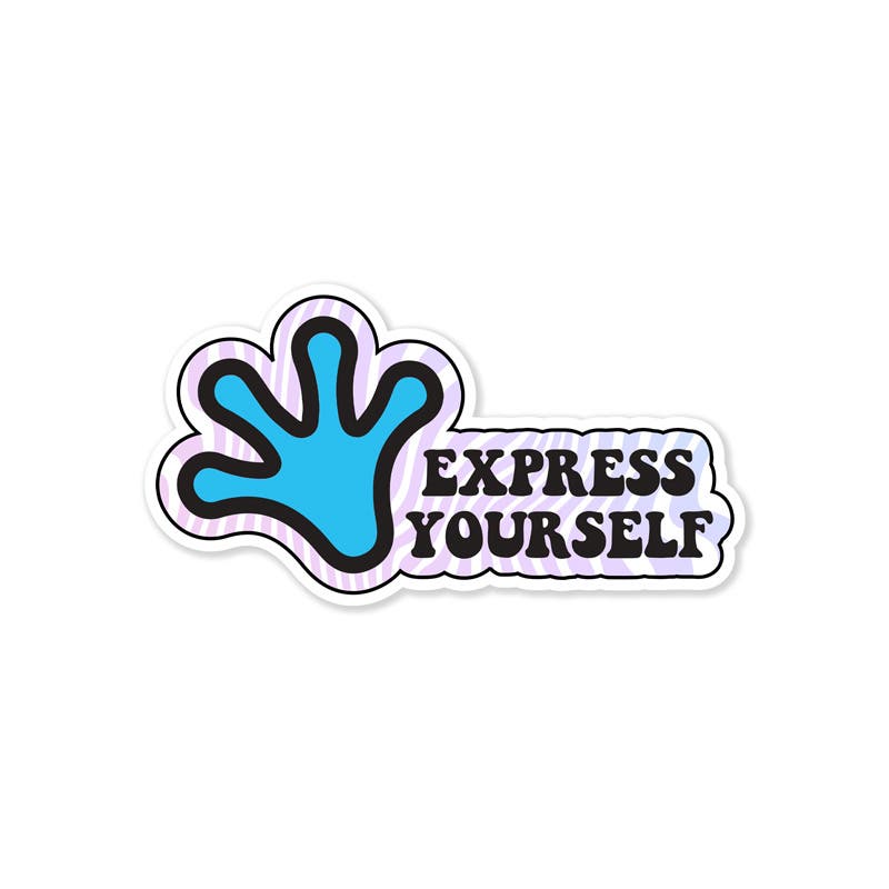 A custom die-cut sticker featuring a blue handprint icon and bold black text reading "Express Yourself," set against a pastel wavy background with a white outline. The sticker is displayed on a neutral off-white background.