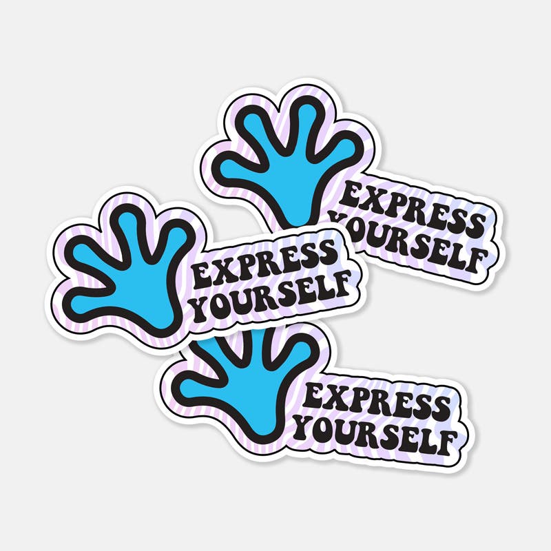 Stack of 'Express Yourself' stickers featuring a blue handprint and bold black text, set against a light background.