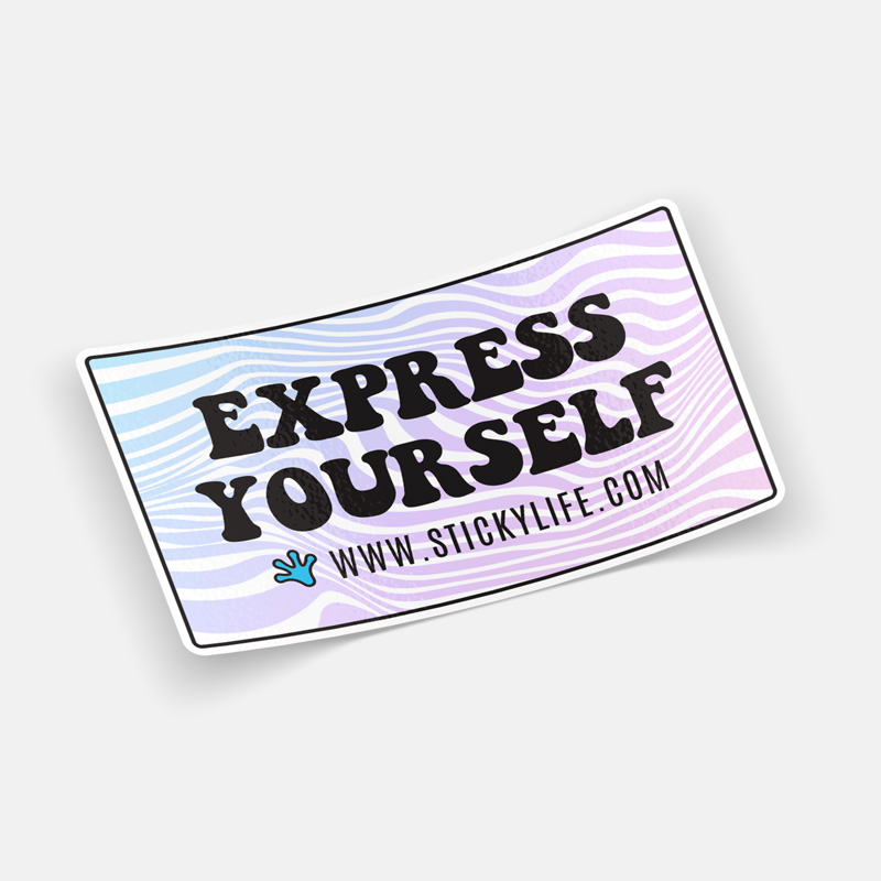 A rectangular sticker with a pastel wavy background, featuring bold black text that reads "Express Yourself" along with a small blue handprint icon and the website "www.stickylife.com." The sticker has a white border and is displayed on a neutral off-whit