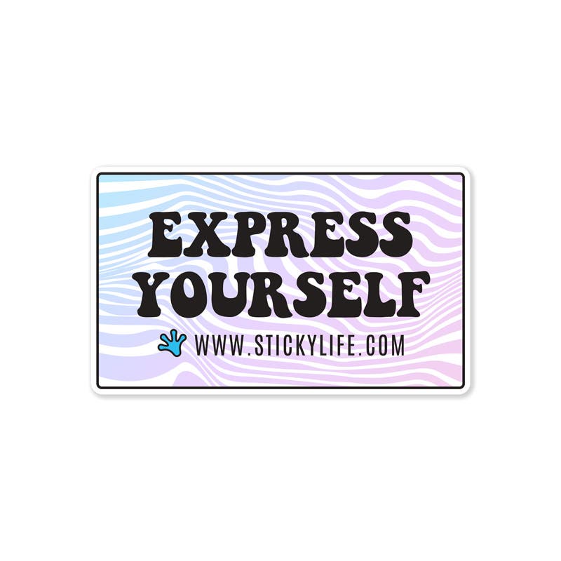 A rectangular sticker with a pastel wavy background, featuring bold black text that reads "Express Yourself" along with a small blue handprint icon and the website "www.stickylife.com." The sticker has a white border and is displayed on a neutral off-whit