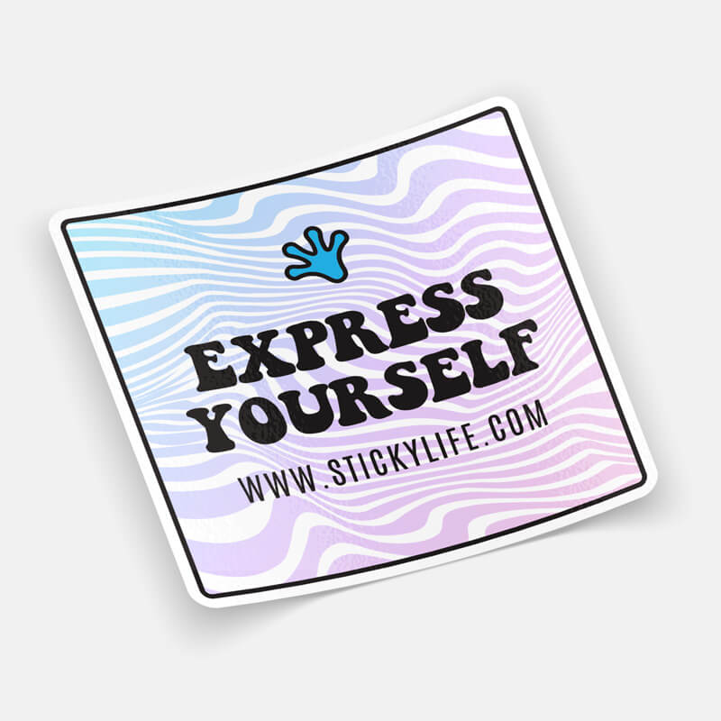 A single square sticker with a pastel wavy background, featuring bold black text that reads "Express Yourself" along with a blue handprint icon and the website "www.stickylife.com." The sticker has a white border and is displayed on a neutral off-white ba