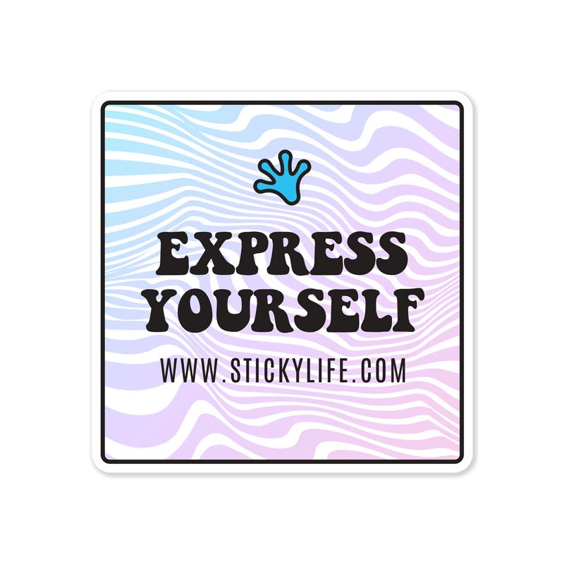 A single square sticker with a pastel wavy background, featuring bold black text that reads "Express Yourself" along with a blue handprint icon and the website "www.stickylife.com." The sticker has a white border and is displayed on a neutral off-white ba