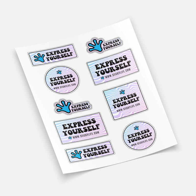 A sticker sheet featuring multiple "Express Yourself" sticker designs displayed at an angle on an off white background.