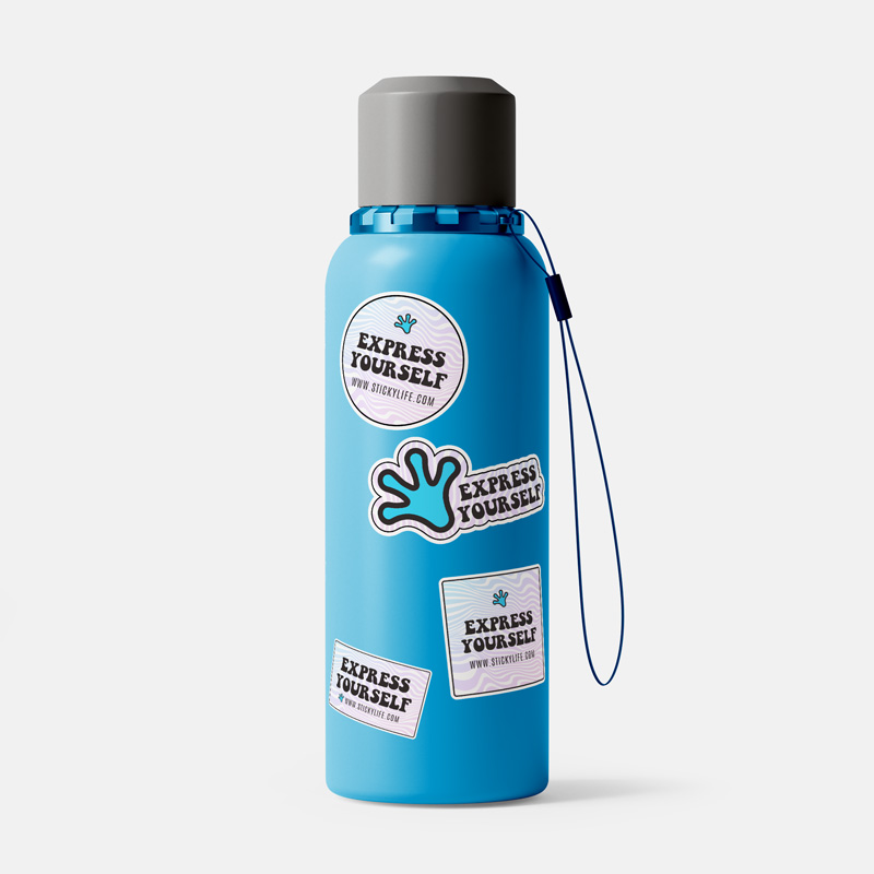 Blue water bottle with gray cap and strap, decorated with 'Express Yourself' stickers featuring bold text and a handprint design.